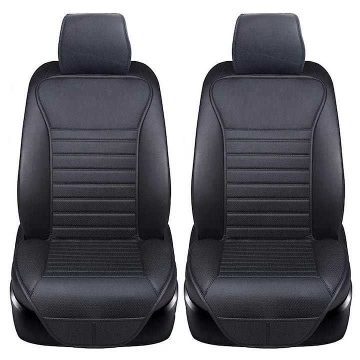 Set de 2 huse NextWave®️ pentru scaune auto, ofera protectie scaunelor din fata, universala, masina personala, taxi, ride sharing, antialunecare, material respirabil, pentru toate sezoanele, buzunare de depozitare, Piele PU, Negru