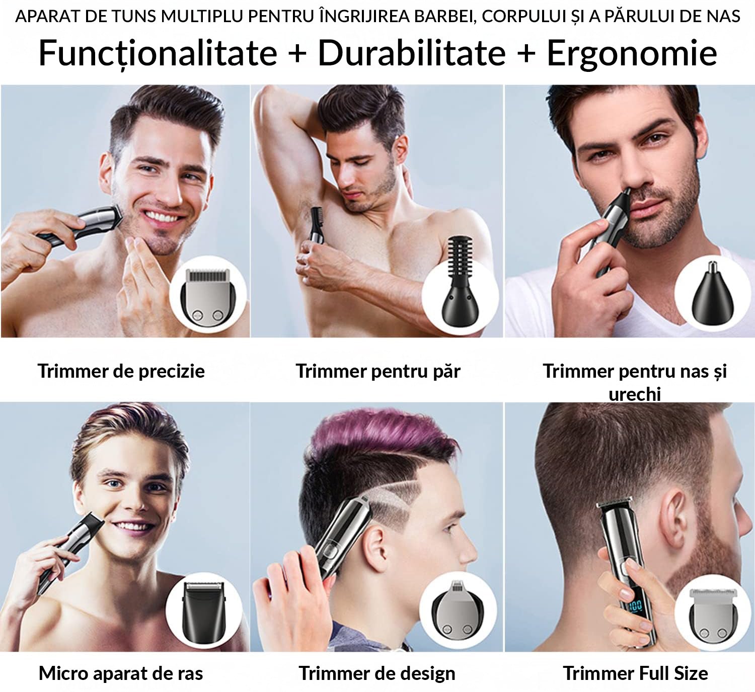 Masina de tuns si Aparat de ras BeGenius®, Multifunctionala 11 in 1, Lame Inox, Corp Metal, Profesional, Barba, Cap, Inghinal, Fara Fir, Acumulator Aparat 2000mAh, Trimmer Nas Inclus, Argintiu