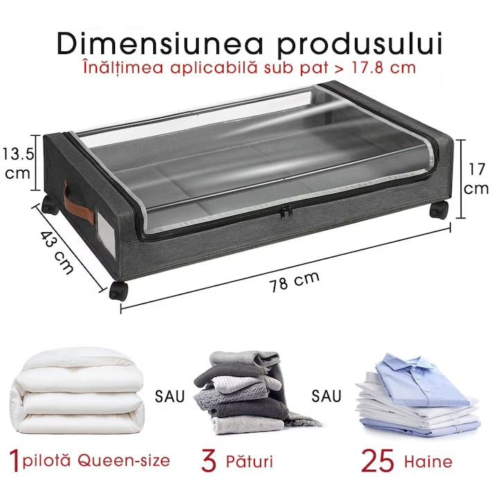 Set de 2 Organizatoare sub pat cu roti NextWave®️, capacitate mare, organizarea pantofilor, hainelor si paturilor, mobilitate si depozitare usoara, design inteligent, 73 x 43 x 17 cm, gri