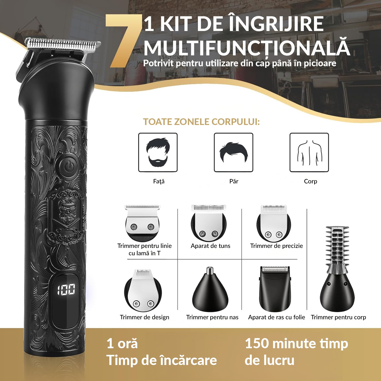 Masina de tuns BeGenius 7 in 1, Lame Inox, Corp Metal, Negru, Cu Acumulator 2000mAh, Trimmer Nas Inclus